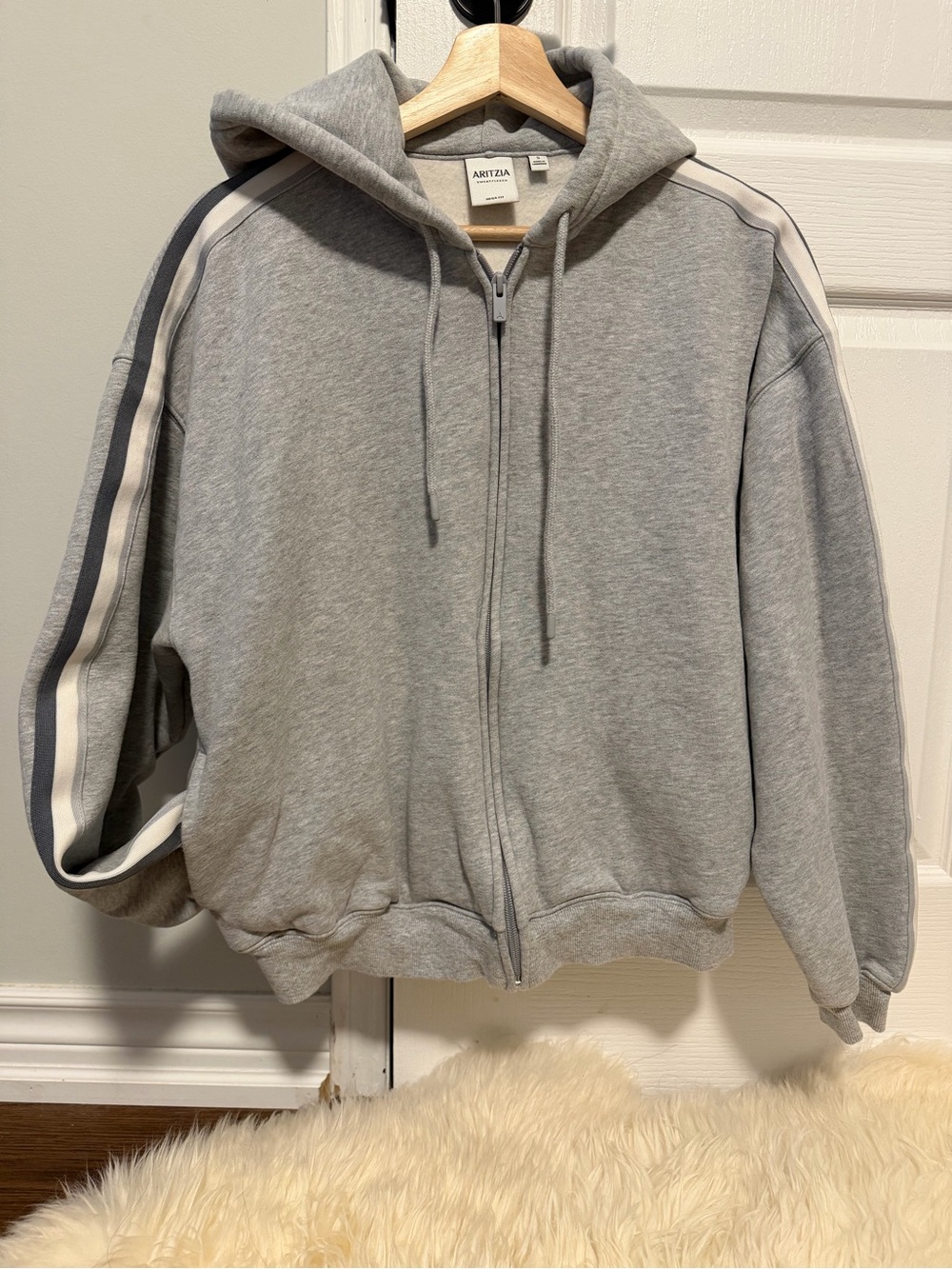 Aritzia Light Gray Zip-Up Hoodie with Contrast Sleeve Stripes